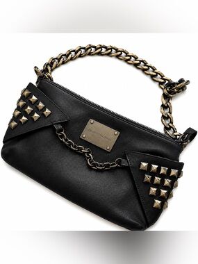 BALMAIN Y2K BLACK LEATHER STUDDED CHAIN SHOULDER BAG